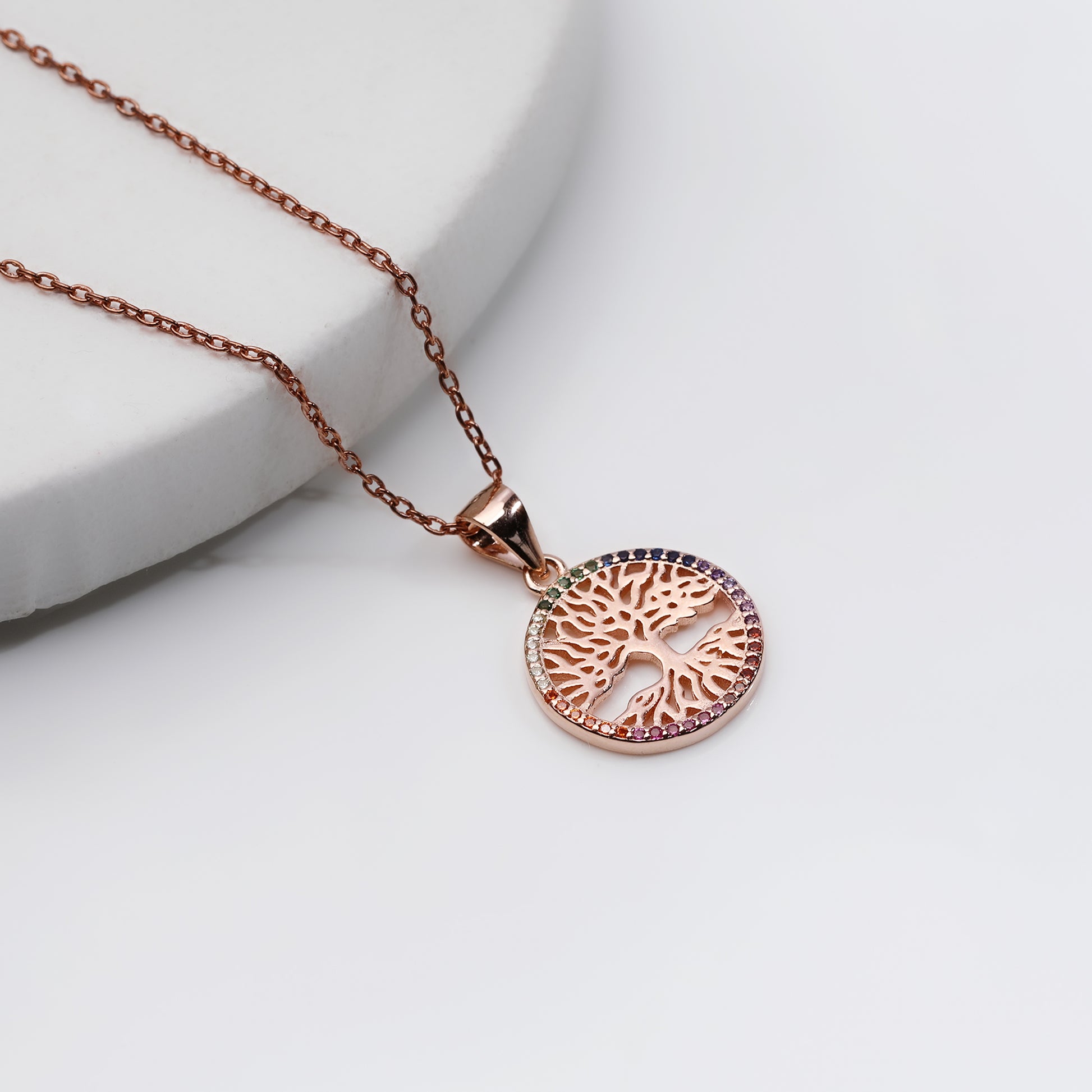 Rose Gold Rainbow Tree of Life Pendant with Link Chain – GIVA