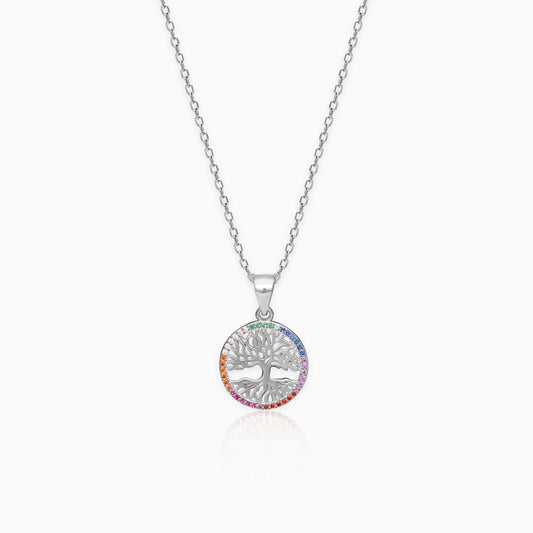 Silver Rainbow Tree of Life Pendant with Link Chain