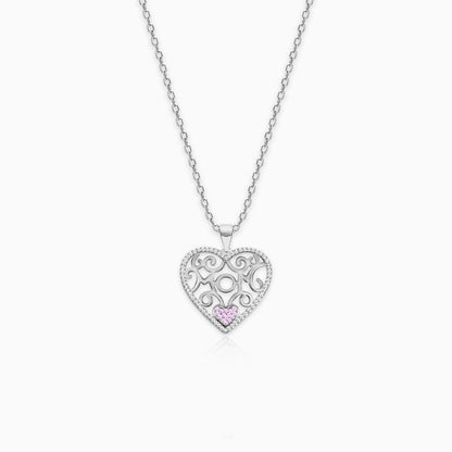 Silver Pink Filigree Heart Pendant with Link Chain