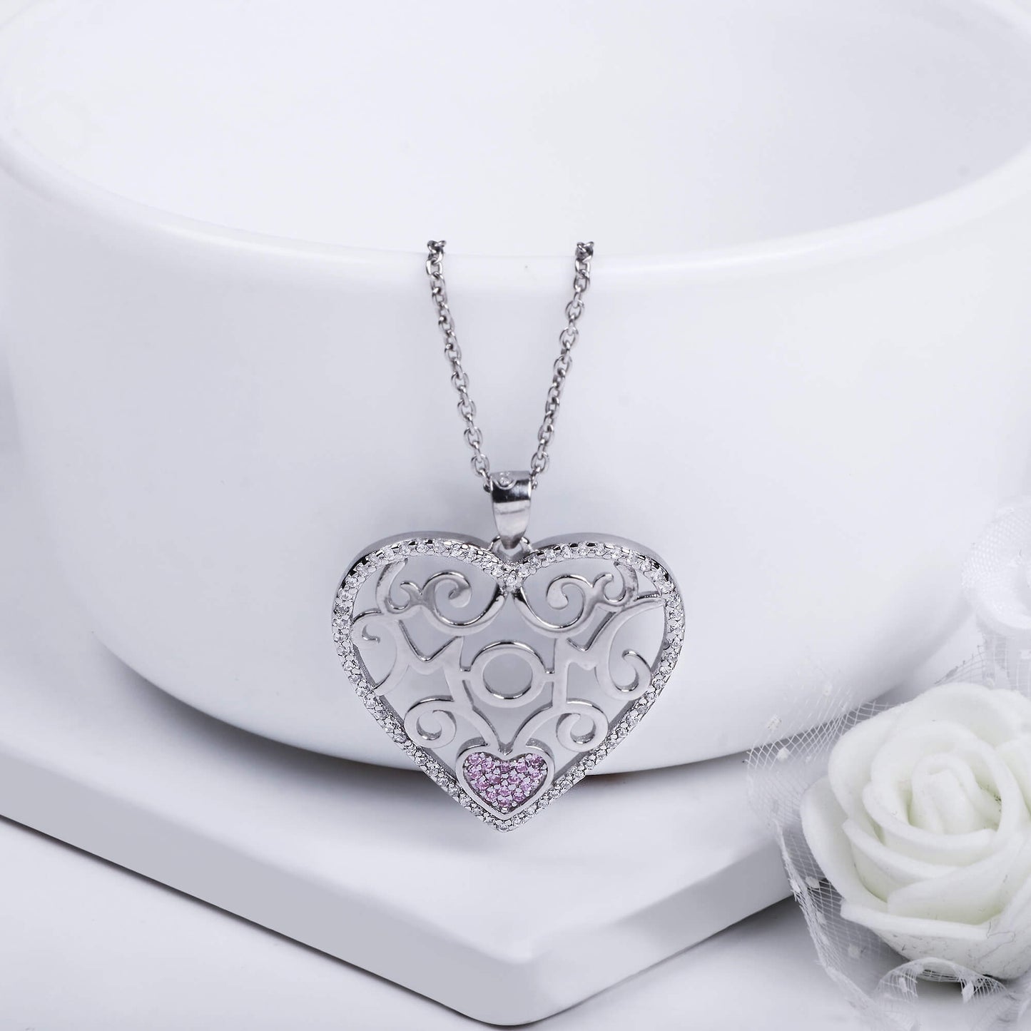 Silver Pink Filigree Heart Pendant with Link Chain