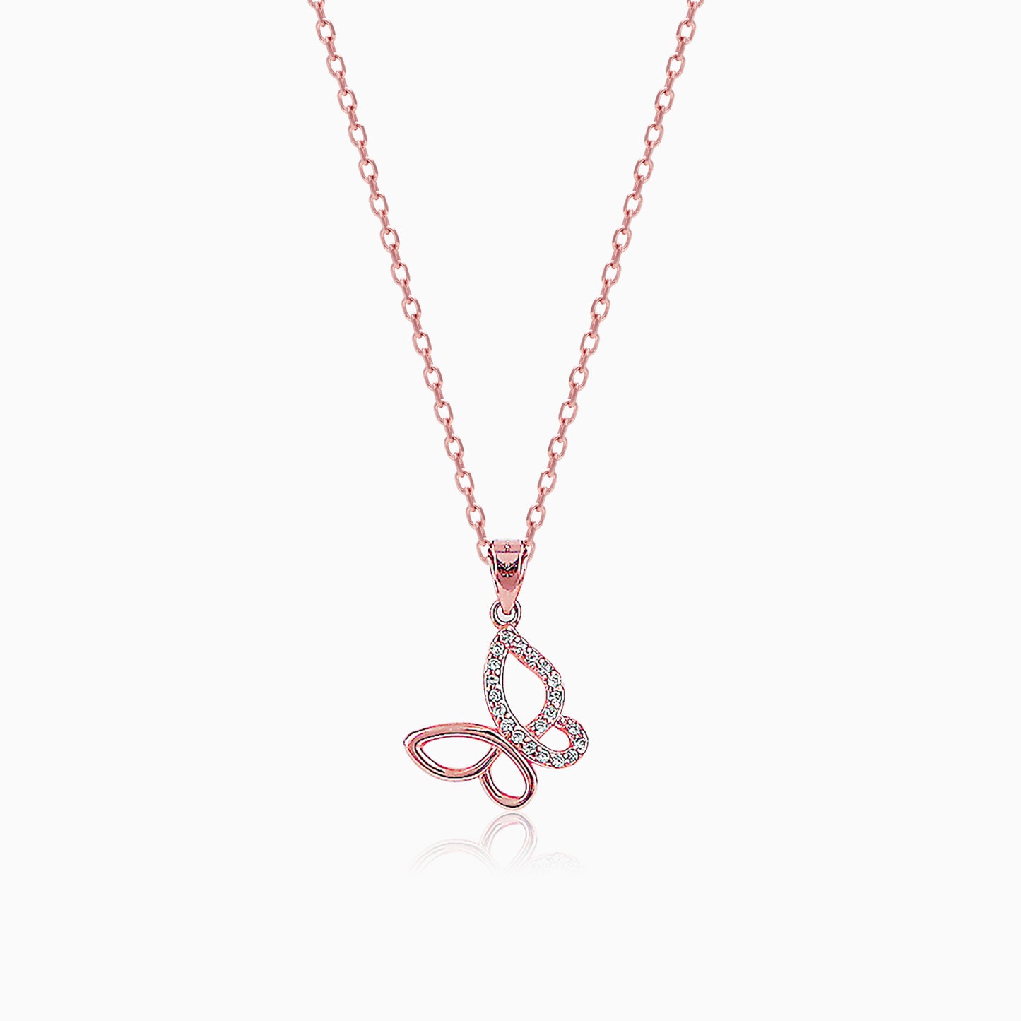 Rose Gold Zircon-Studded Butterfly Pendant With Link Chain