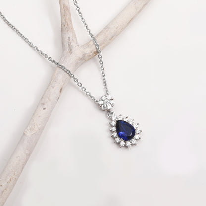 Silver Floral Royal Blue Drop Pendant