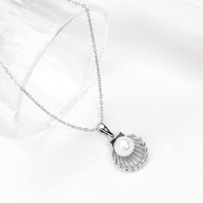 Silver Seashell Pearl Pendant with Link Chain