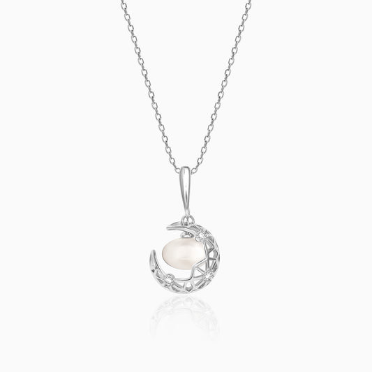 Silver Filigree Pearl Crescent Pendant with Link Chain