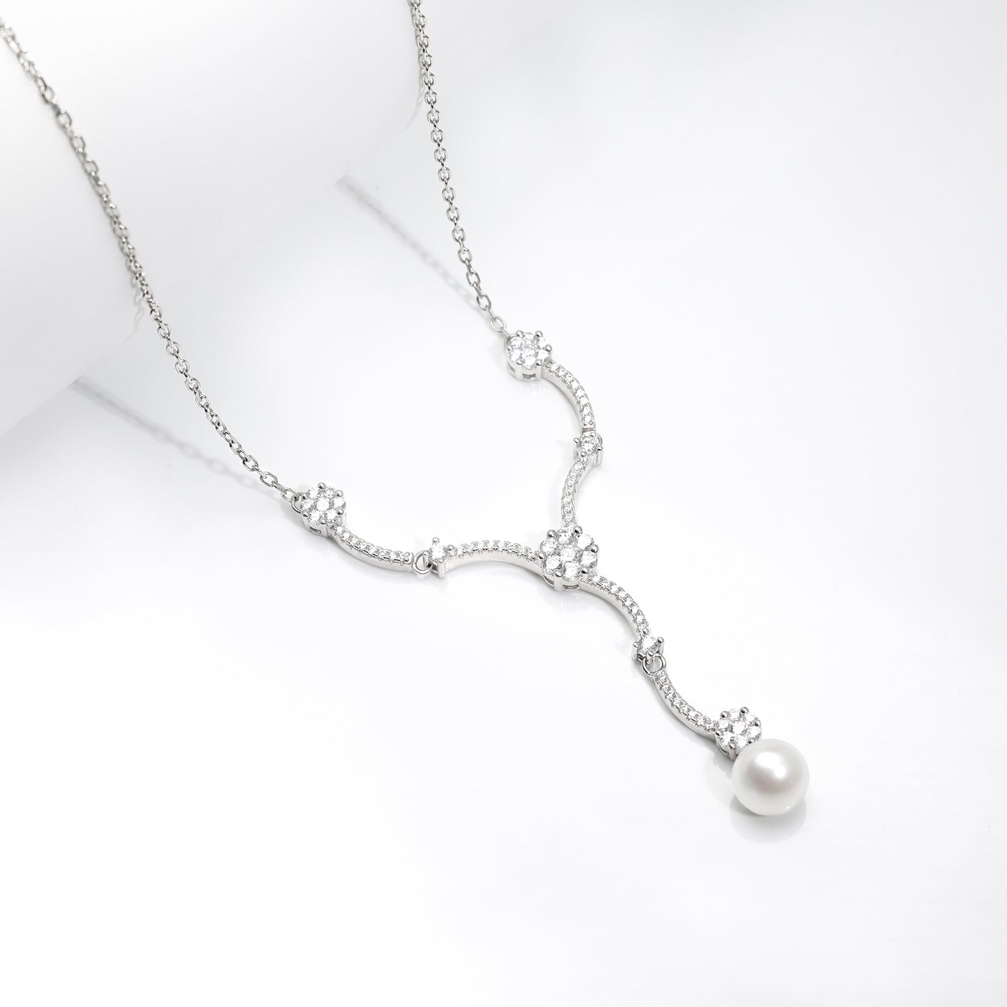 Silver Curved Pearl Flower Necklace
