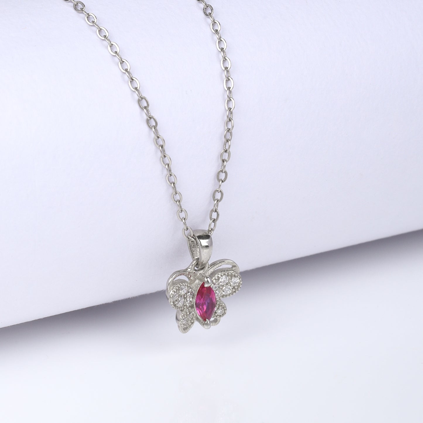 Silver Pop Pink Studded Butterfly Pendant With Link Chain