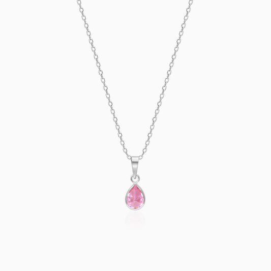 Silver Pink Drop Pendant With Link Chain
