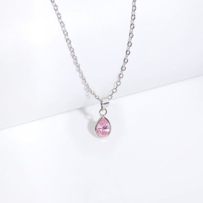 Silver Pink Drop Pendant With Link Chain
