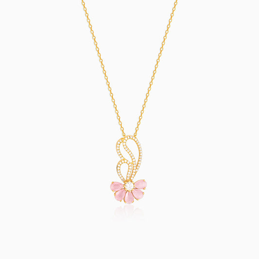 Golden Pink Floral Damsel Pendant With Link Chain
