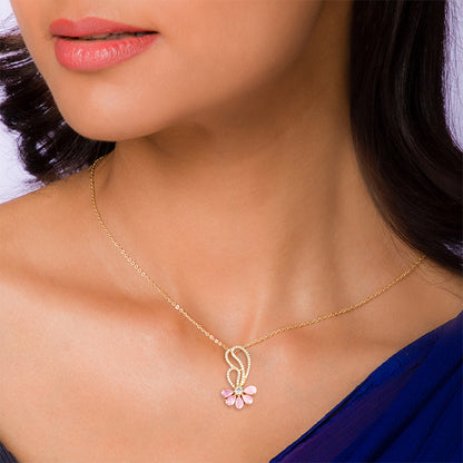 Golden Pink Floral Damsel Pendant With Link Chain