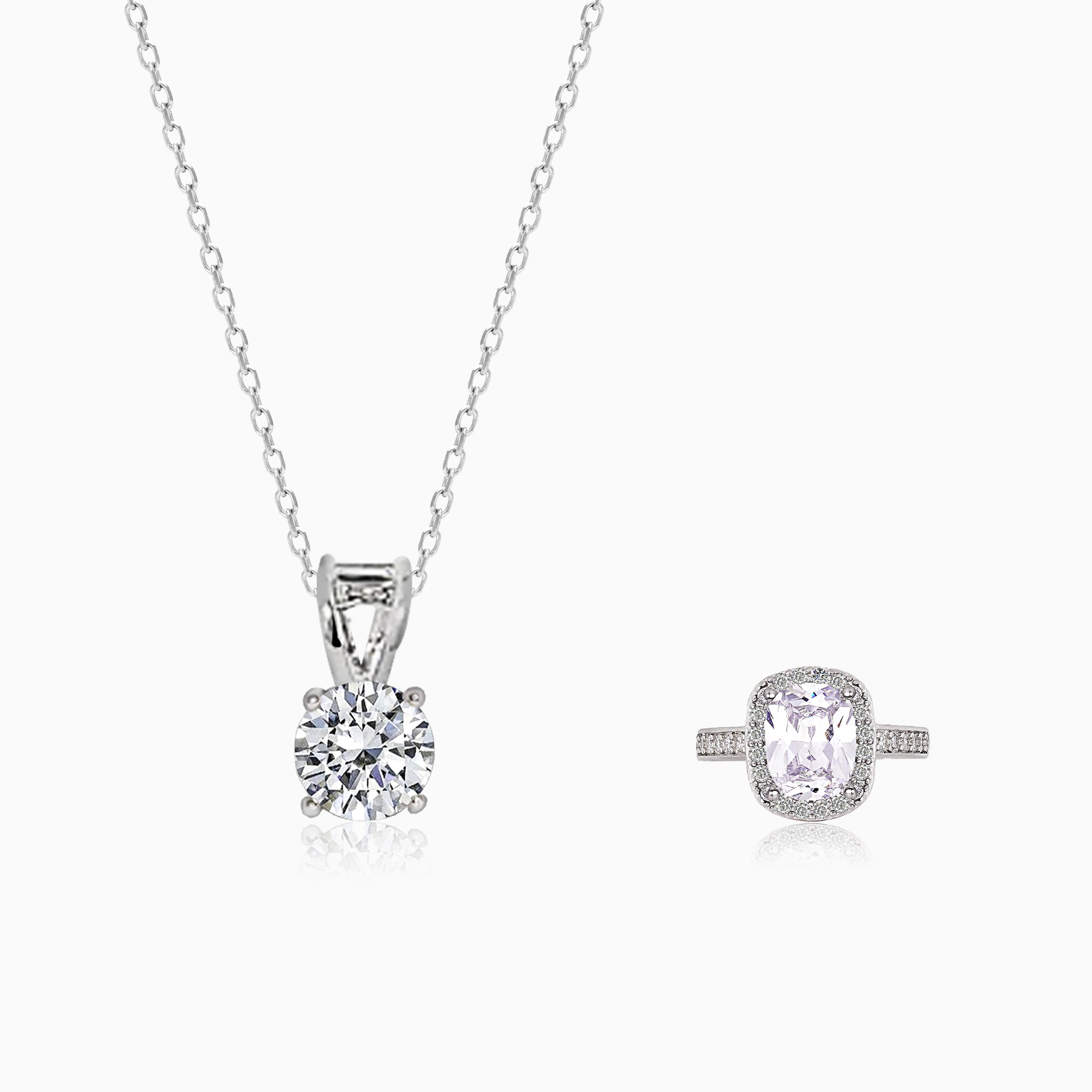 Platinum Plated Sterling Silver Moissanite Halo Stud Earrings (5 MM Round,  1 CT DEW, CERTIFIED) & Matching Halo Pendant (6.5 MM, 1 CT DEW, Certified)  - TL-MO-0008-SIMOWG-SET