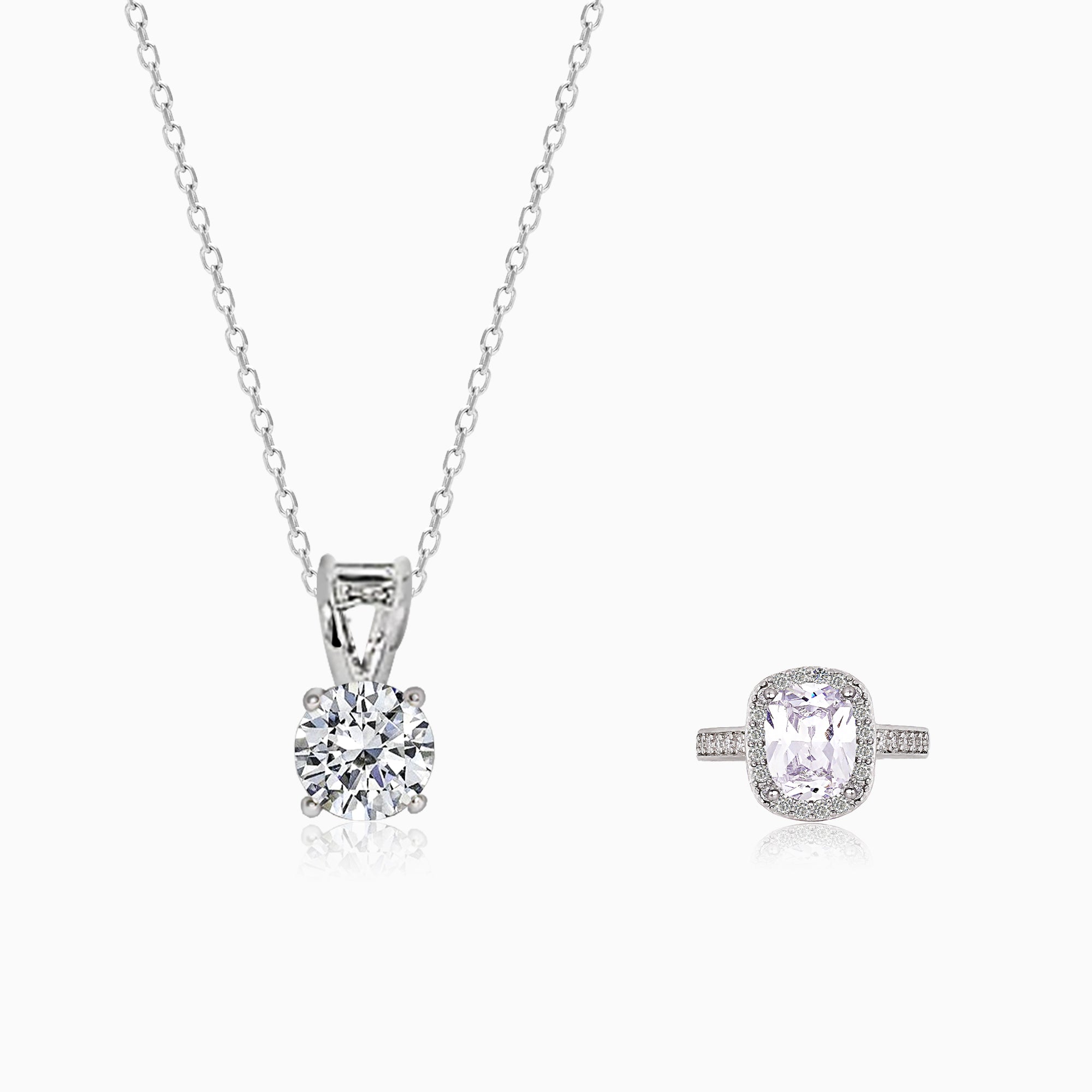 Silver Classic Solitaire Pendant & Ring Set - Image 1