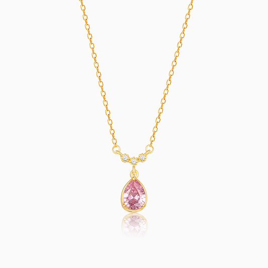 Golden Pink Teardrop Pendant With Link Chain