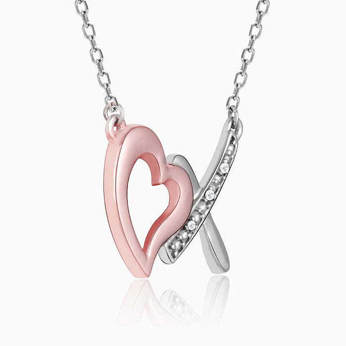 Silver and Rose Gold Heart X Pendant With Link Chain