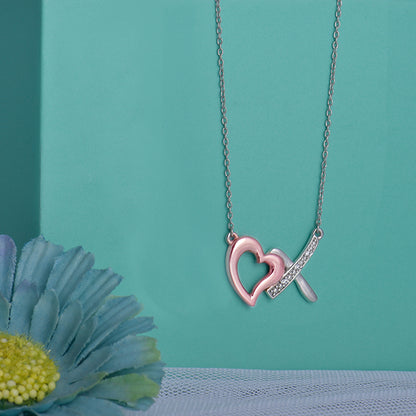 Silver and Rose Gold Heart X Pendant With Link Chain