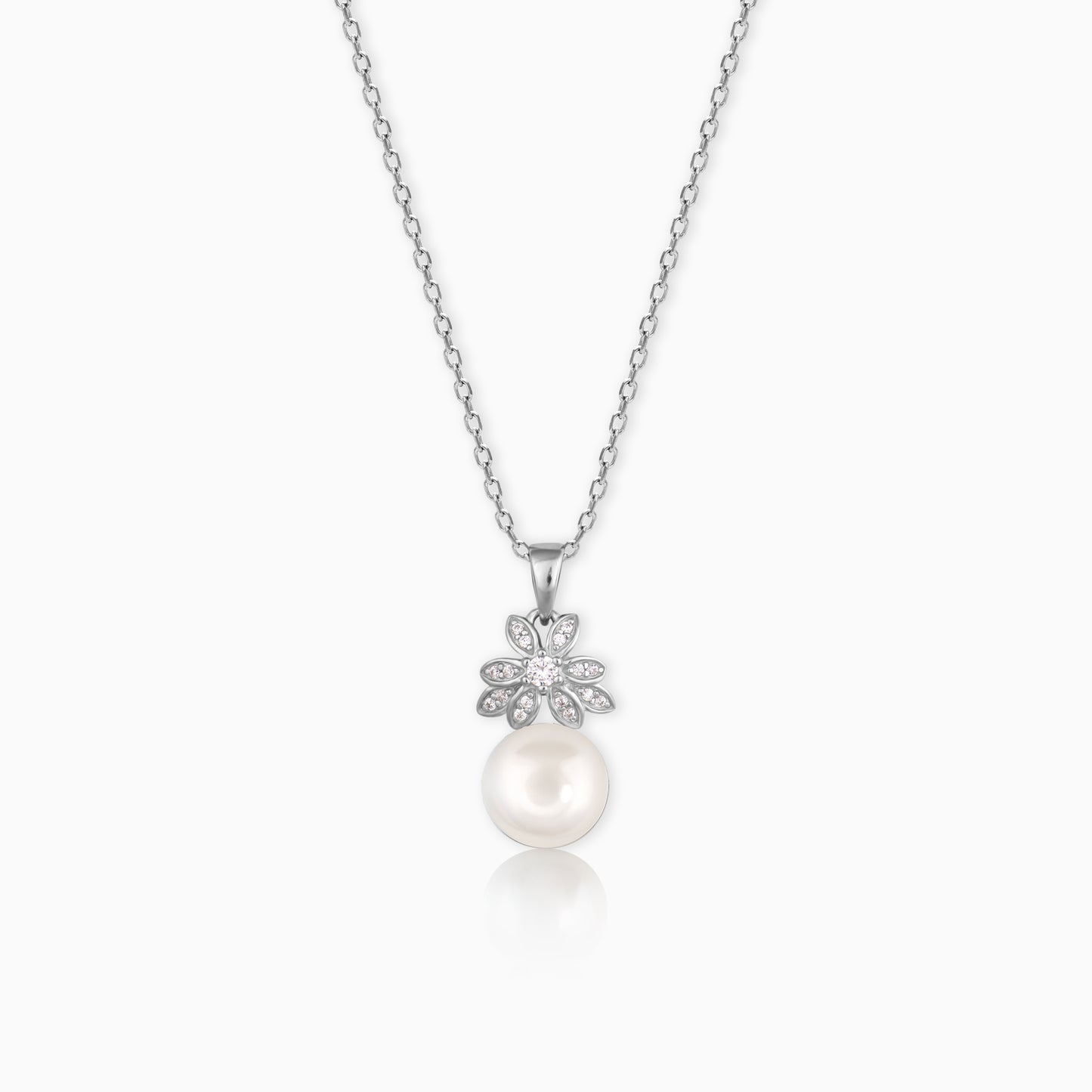 Silver Poppy Pearl Pendant With Link Chain