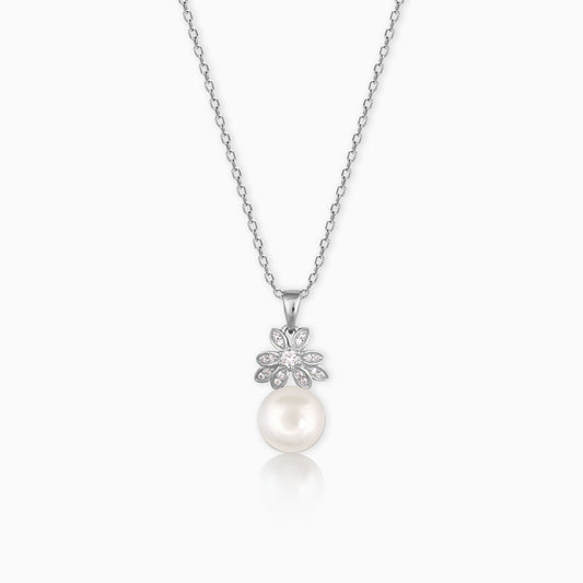Silver Poppy Pearl Pendant With Link Chain