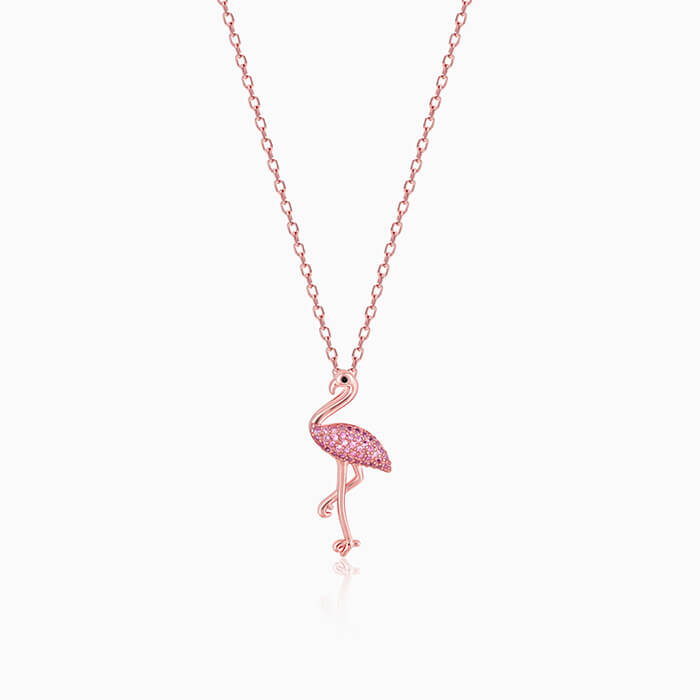 Rose Gold Zircon Flamingo Pendant with Link Chain
