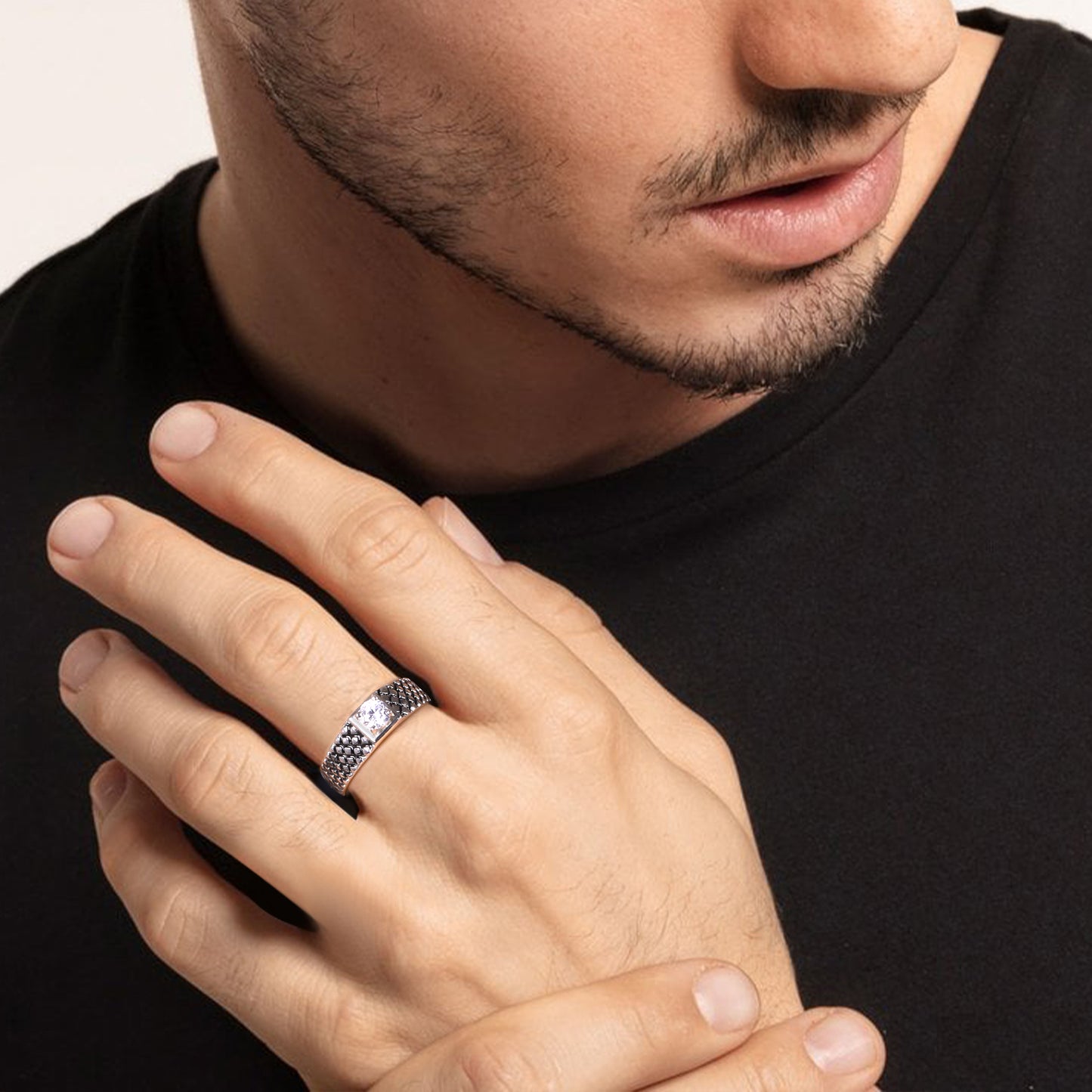 Silver Zircon Mesh Ring For Him