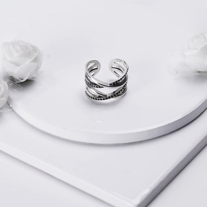 Silver Weave Black Zircon Ring