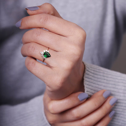 Rose Gold Emerald Green Drop Ring