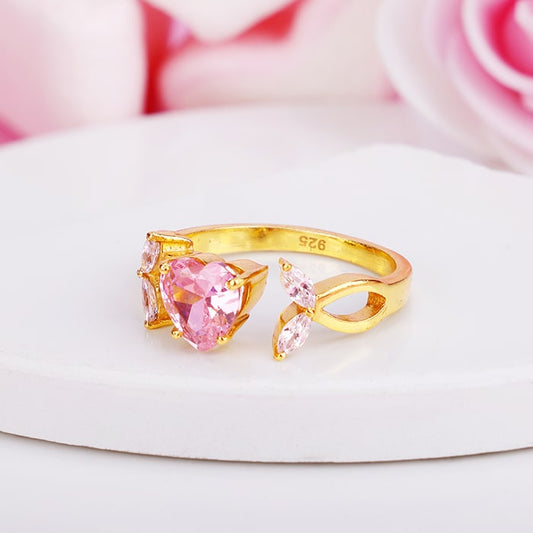 Golden Pink Heart Stone Studded Ring