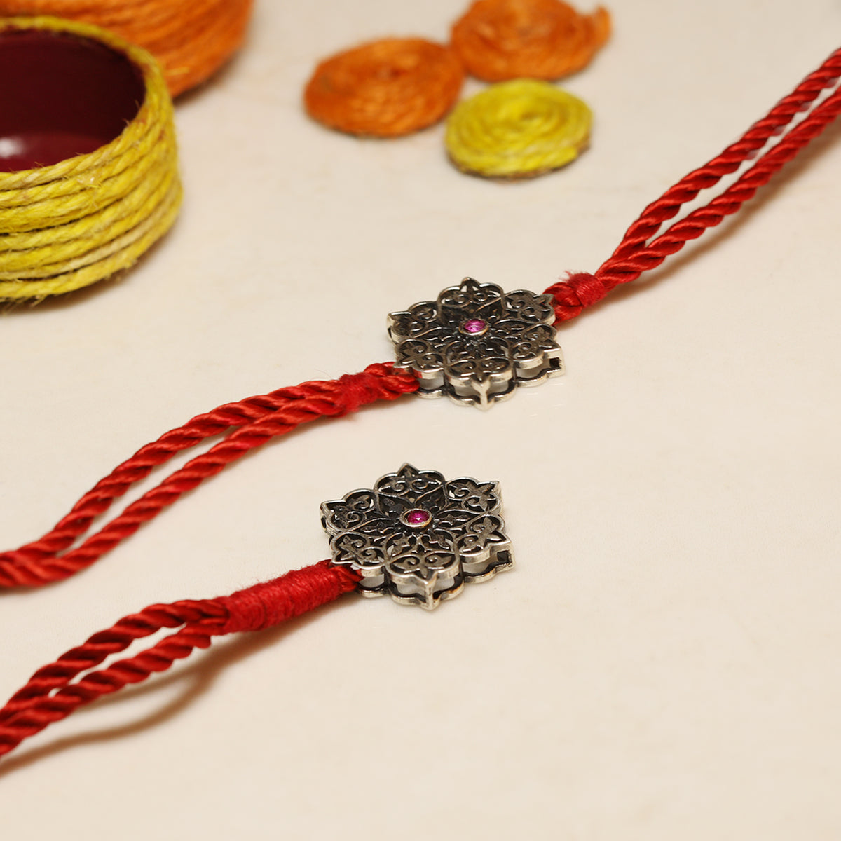 Oxidised Silver Pop Pink Flower Rakhi Set (Bhaiya Bhabhi)