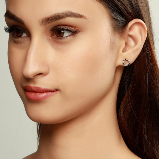 Silver Diamond Heart Stud Earrings