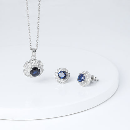 Silver Royal Blue Bloom Pendant Set