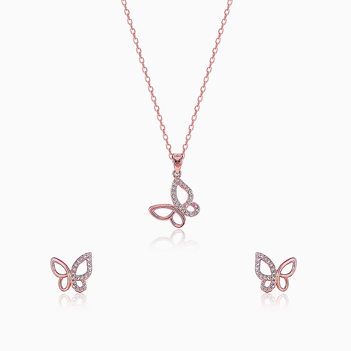 Manali's Rose Gold Studded Butterfly Set with Link Chain - Image 1