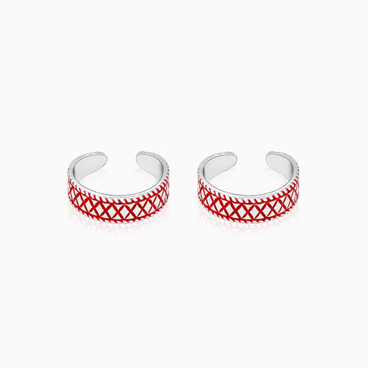 Oxidised Silver Red Patterned Toe Rings